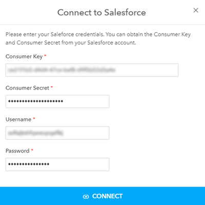 Type in the consumer key, consumer secret, username and password to log in to the salesforce account